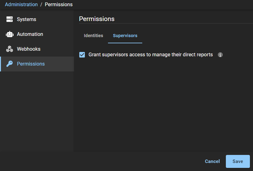 Permissions page in ClearID showing the Supervisors tab. The Supervisors access for managing direct reports check box is selected.