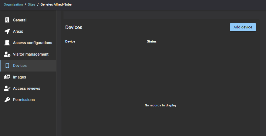 A site page in ClearID showing the Devices tab without any devices added or activated.