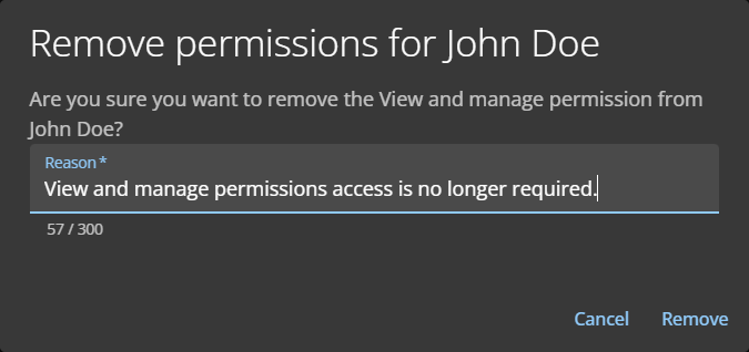 Remove permissions dialog in ClearID showing a completed Reason field.