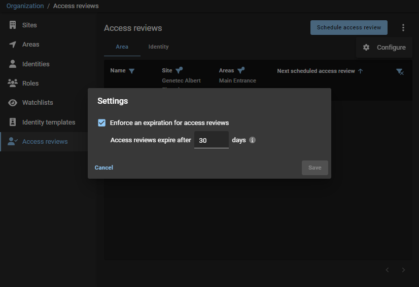 Access reviews page in Genetec ClearID™ showing the settings dialog and the access reviews expiration settings.