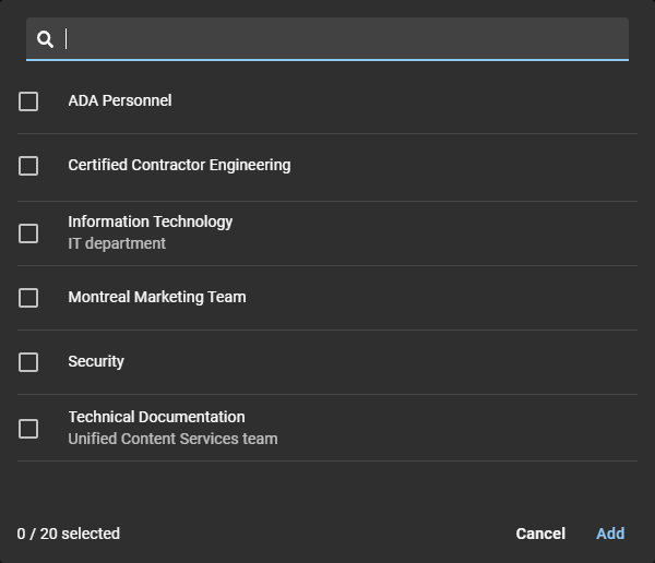 Search dialog in the Permissions tab of the visitor management for sites page in ClearID.