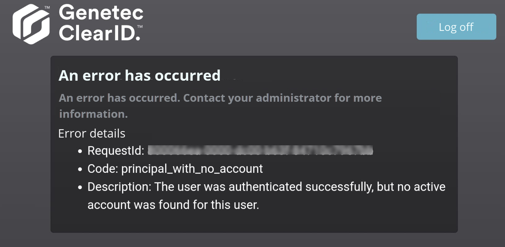 An error has occurred dialog in ClearID reporting that no active account was found for the user.