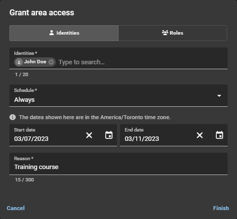 Grant area access dialog in ClearID with the Identities tab selected.
