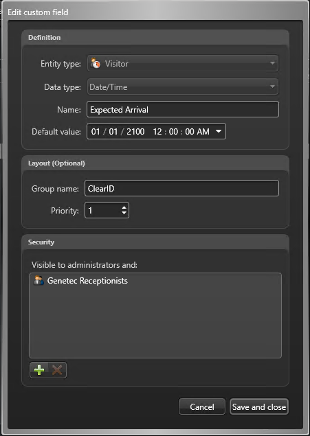 Edit custom field dialog in Config Tool showing the Custom field settings.