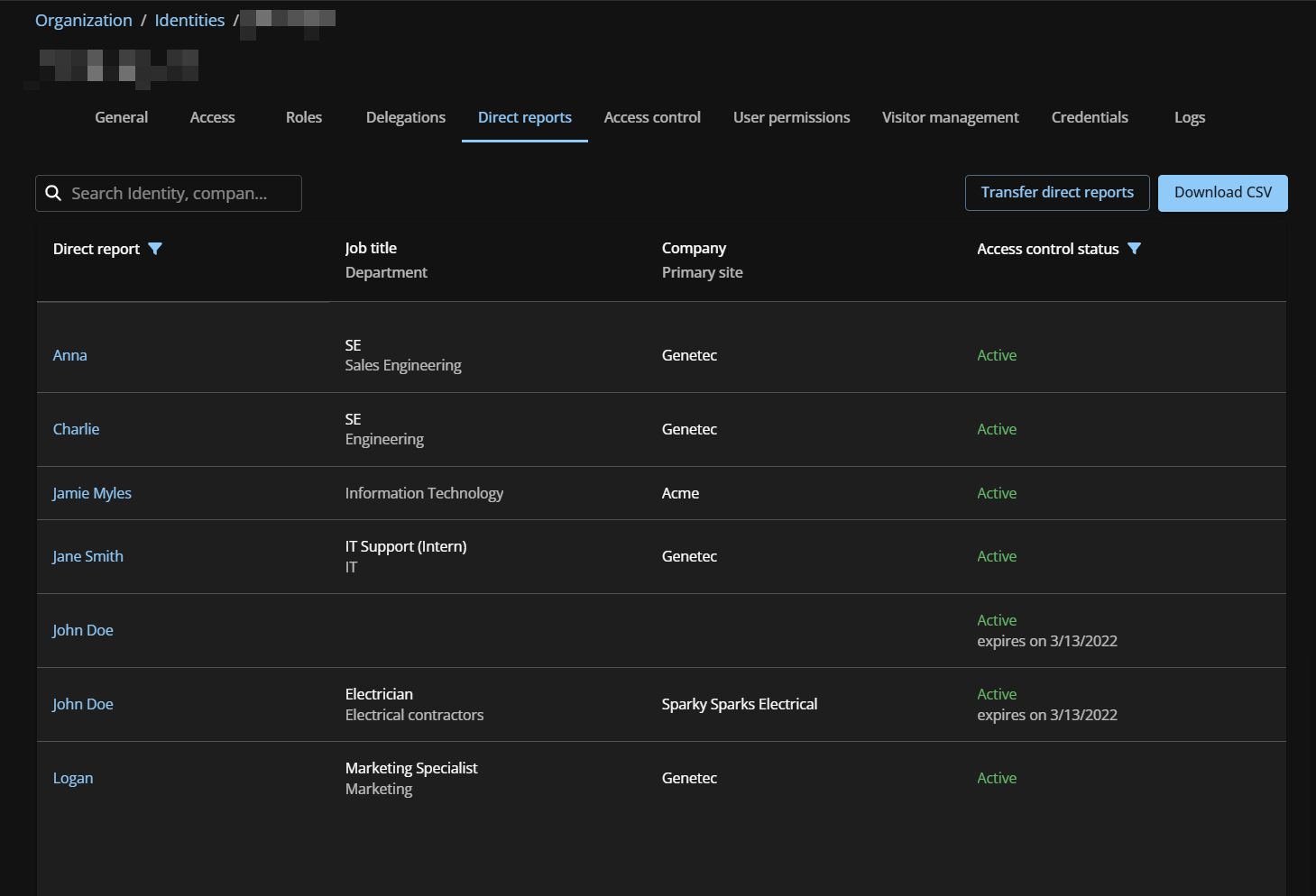 Direct reports list in ClearID.