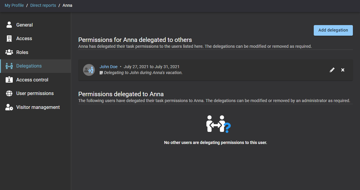 Delegations page in ClearID showing delegation permissions for a direct report.
