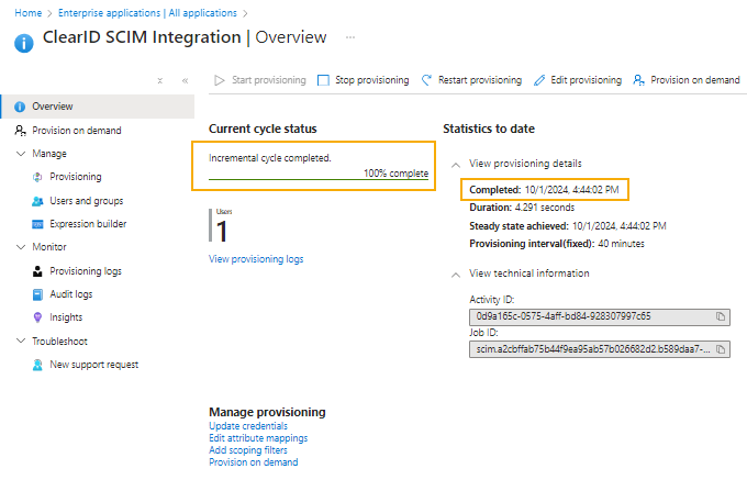 Overview page in the Enterprise applications section of the Microsoft Azure portal showing the SCIM synchronization status and when the last synchronization completed.
