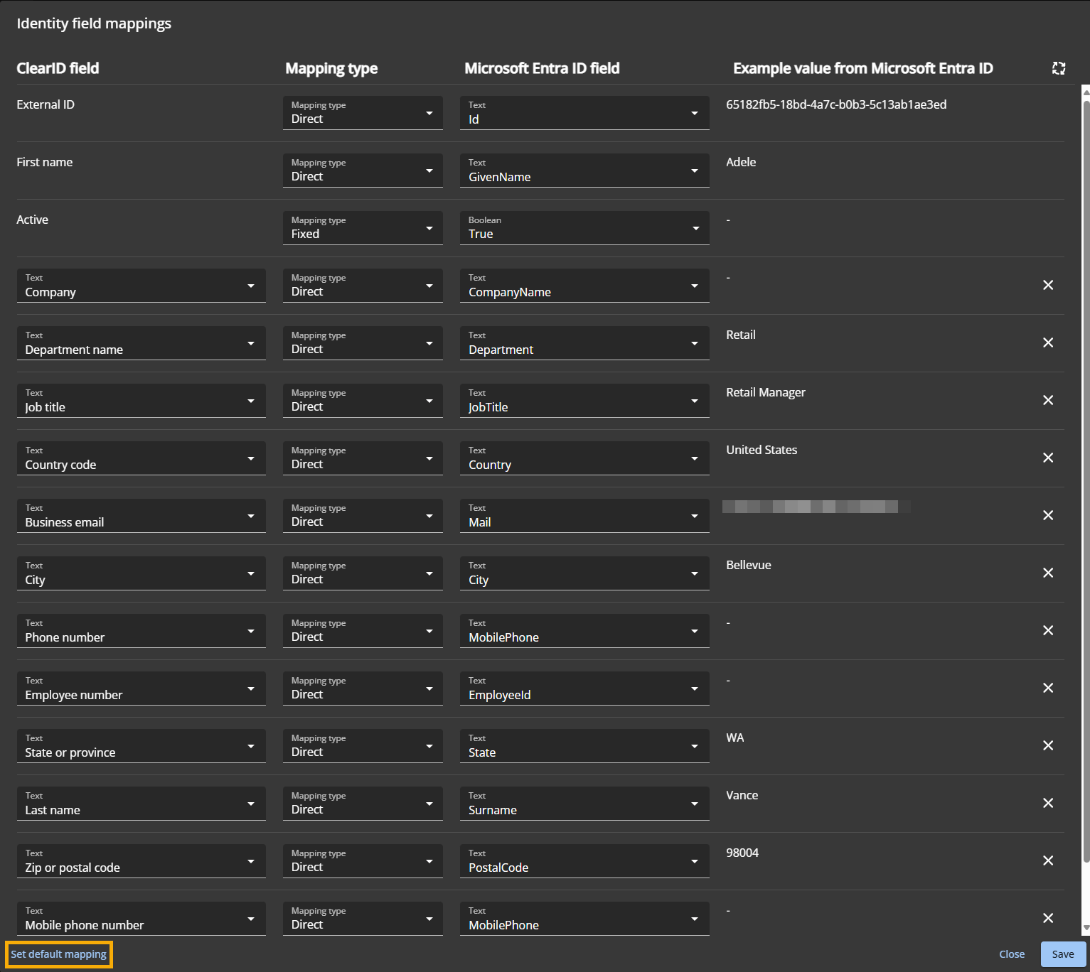 The Identity field mappings dialog in the ClearID portal with default mapping fields added and the Set default mapping button highlighted.