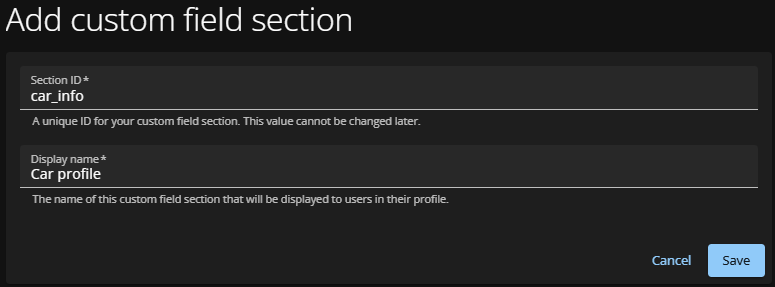 The Add custom field section page of the ClearID web portal with Section ID and Display name values filled in.