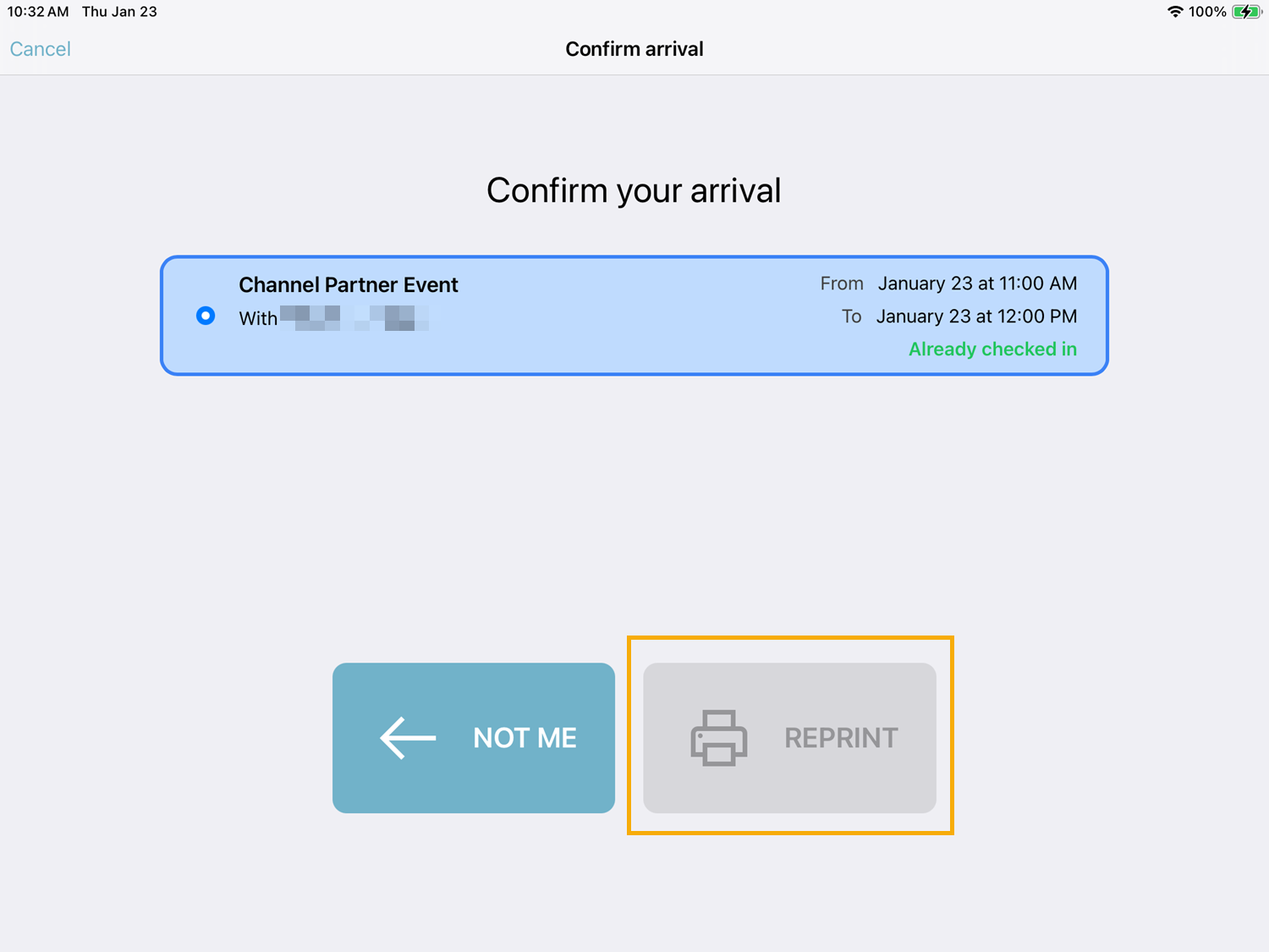 Confirmation page in the Genetec ClearID Self-Service Kiosk showing the reprint badge option.