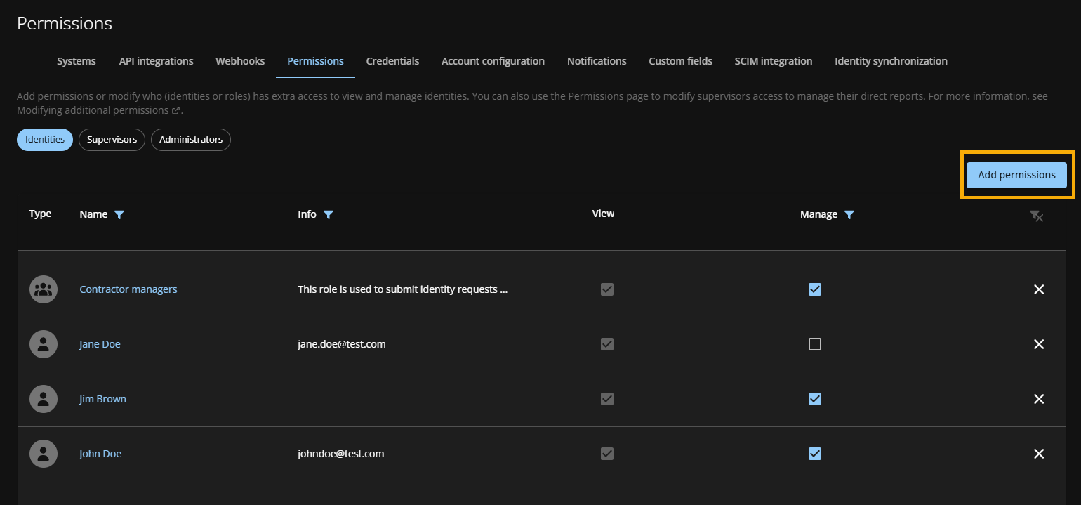 The Permissions tab in the ClearID web portal with the Add permissions button highlighted.