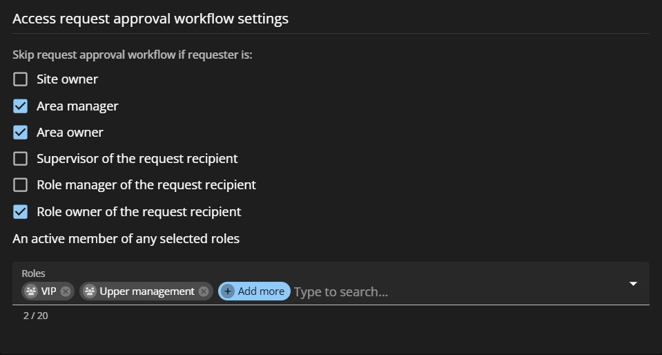 The Access request approval workflow settings section of the ClearID web portal.