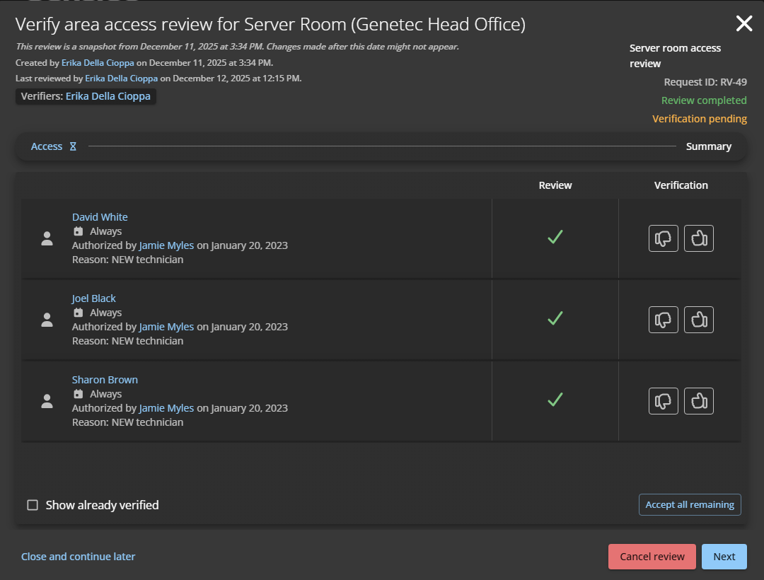 Access section of an area access review in ClearID.