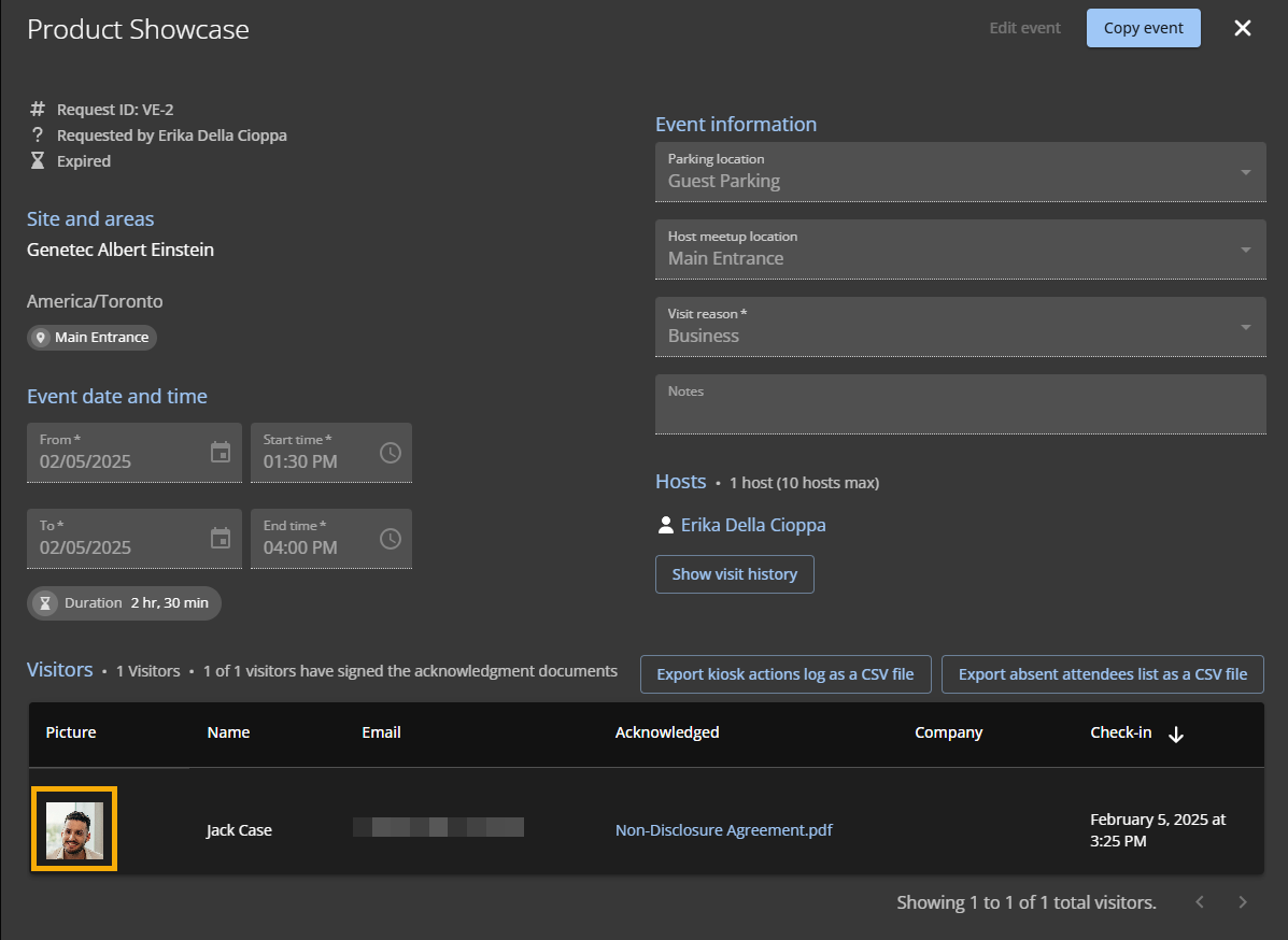 A visit event in ClearID with a visitor photo.