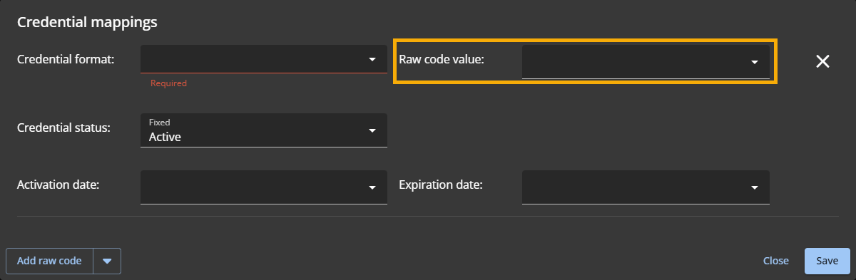 The Credential mapping dialog in the ClearID portal with the raw code credential mapping type selected.