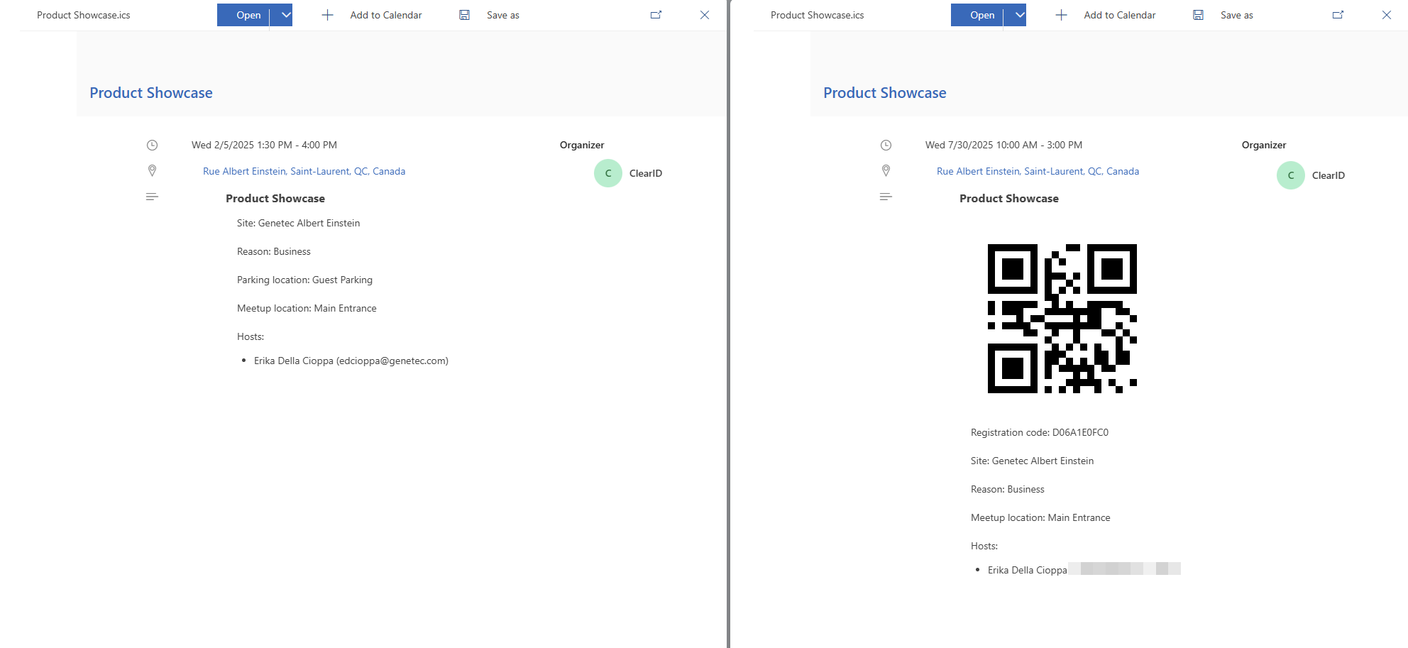 The ICS files from visit event confirmation emails received by the host (left) and the visitor (right).