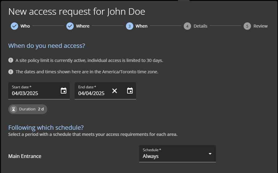 The When section of the New access request dialog.