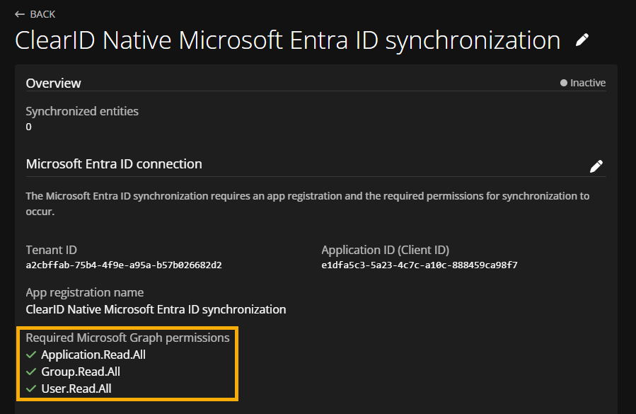 The Microsoft Entra ID connection settings in the ClearID portal with green check marks next to the required Microsoft Graph permissions.