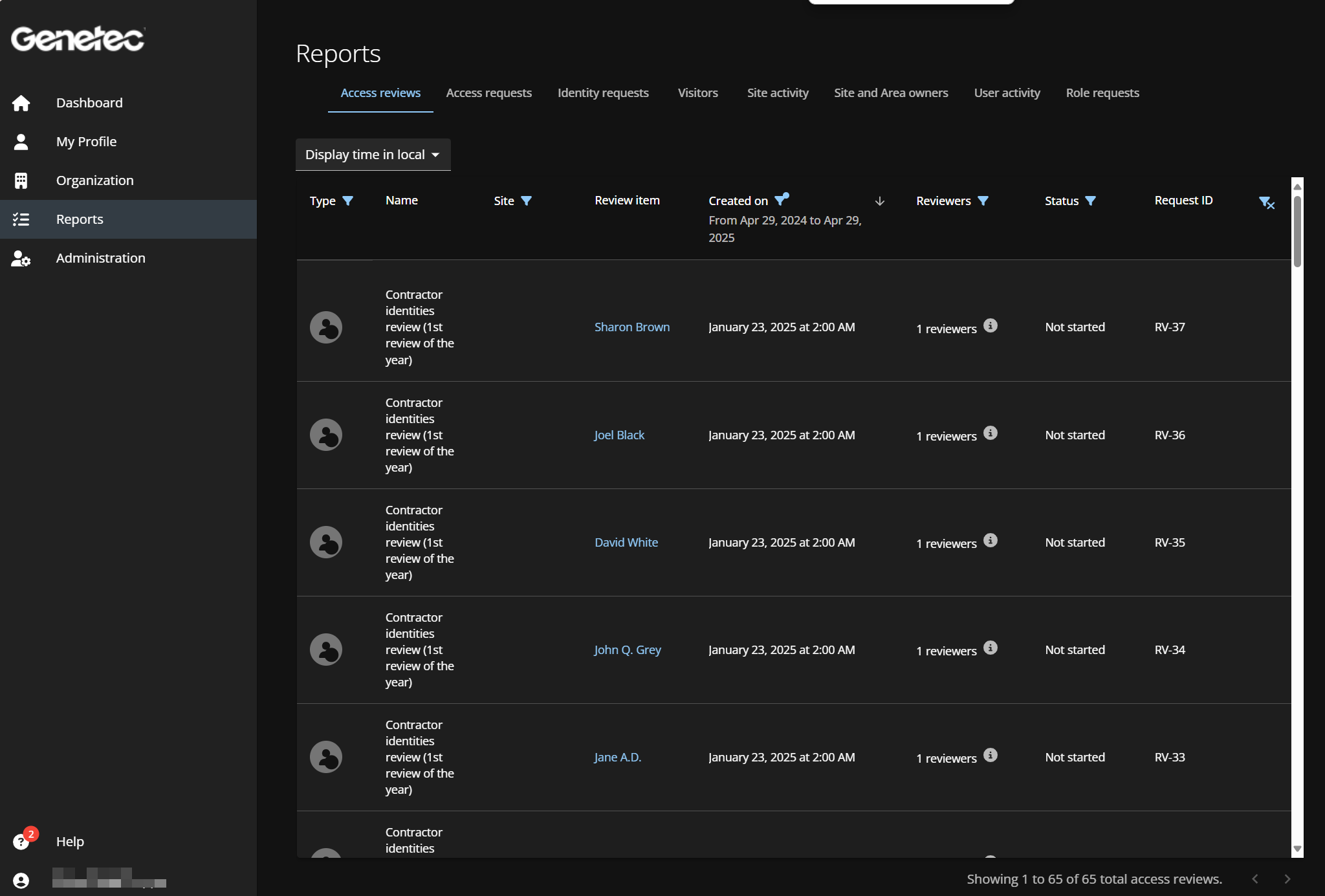 Reports in ClearID showing the Access reviews report.