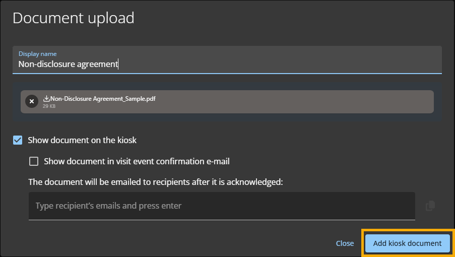 The Kiosk PDF acknowledgment documents Document upload interface.