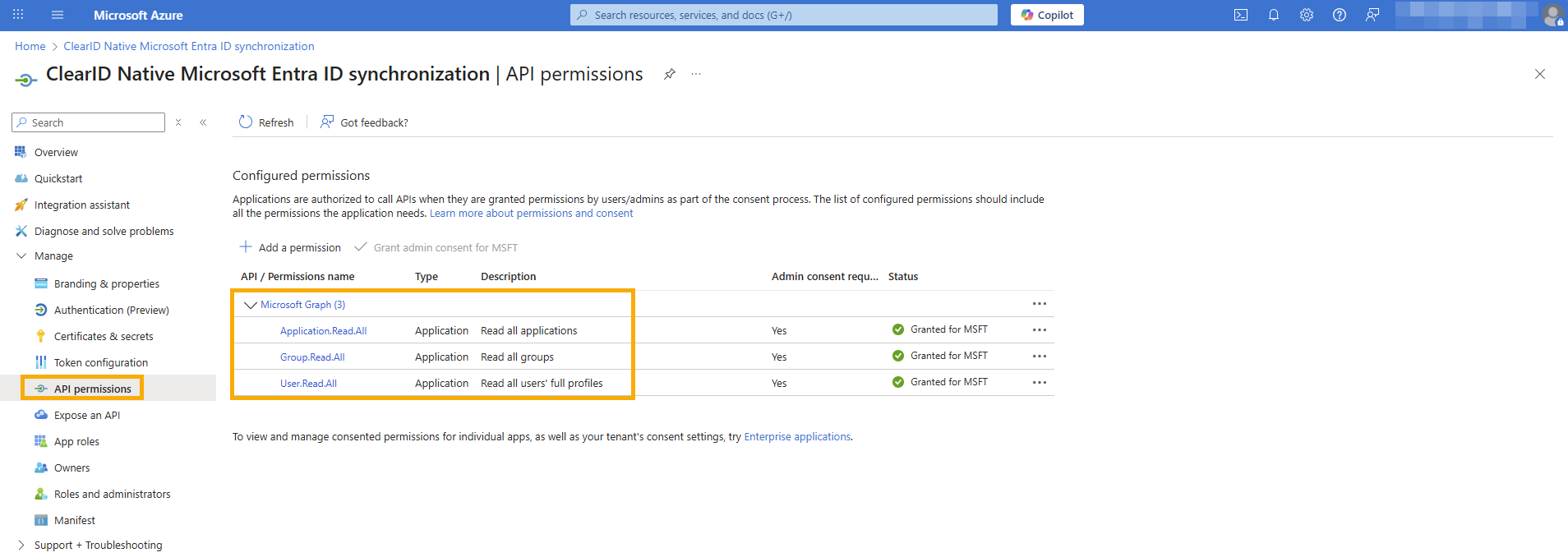 The enterprise application API permissions page in the Azure web portal with the required permissions highlighted.