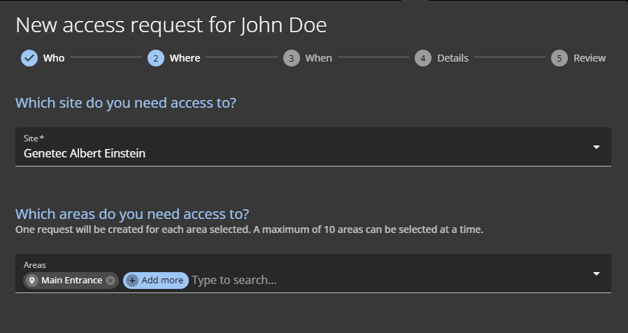 The Where section of the New access request dialog.