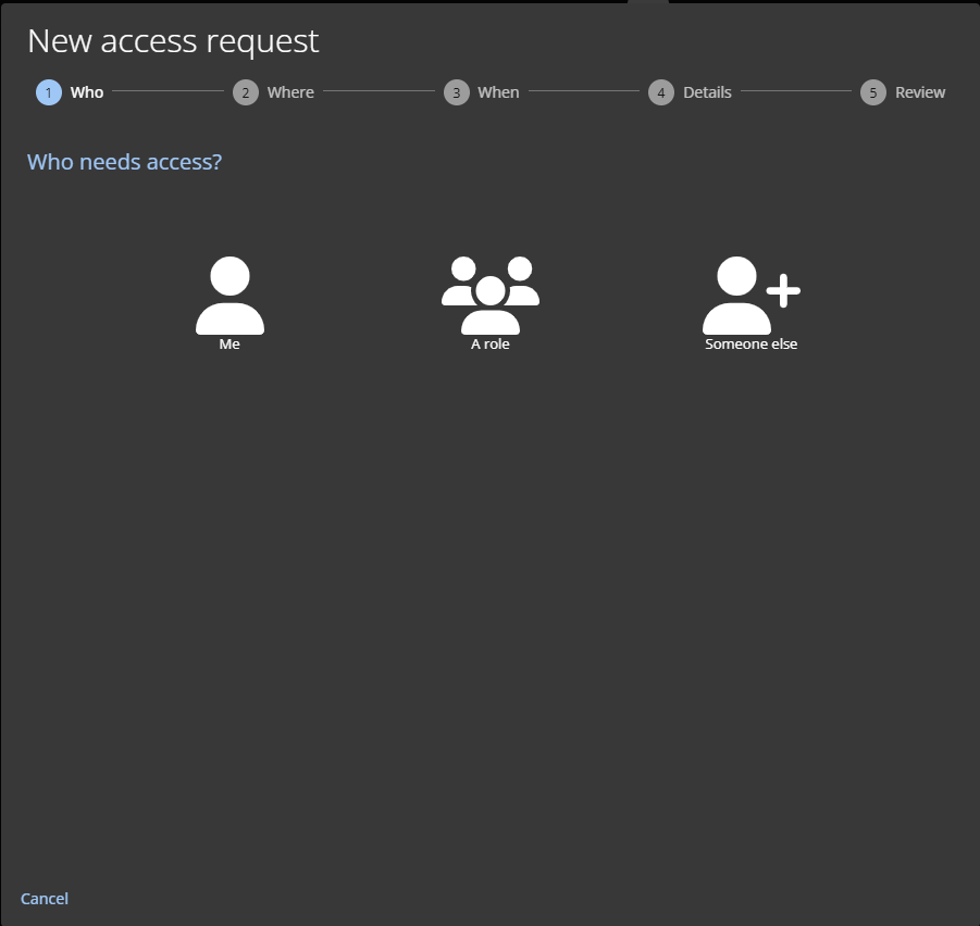 The Who section of the New access request dialog.