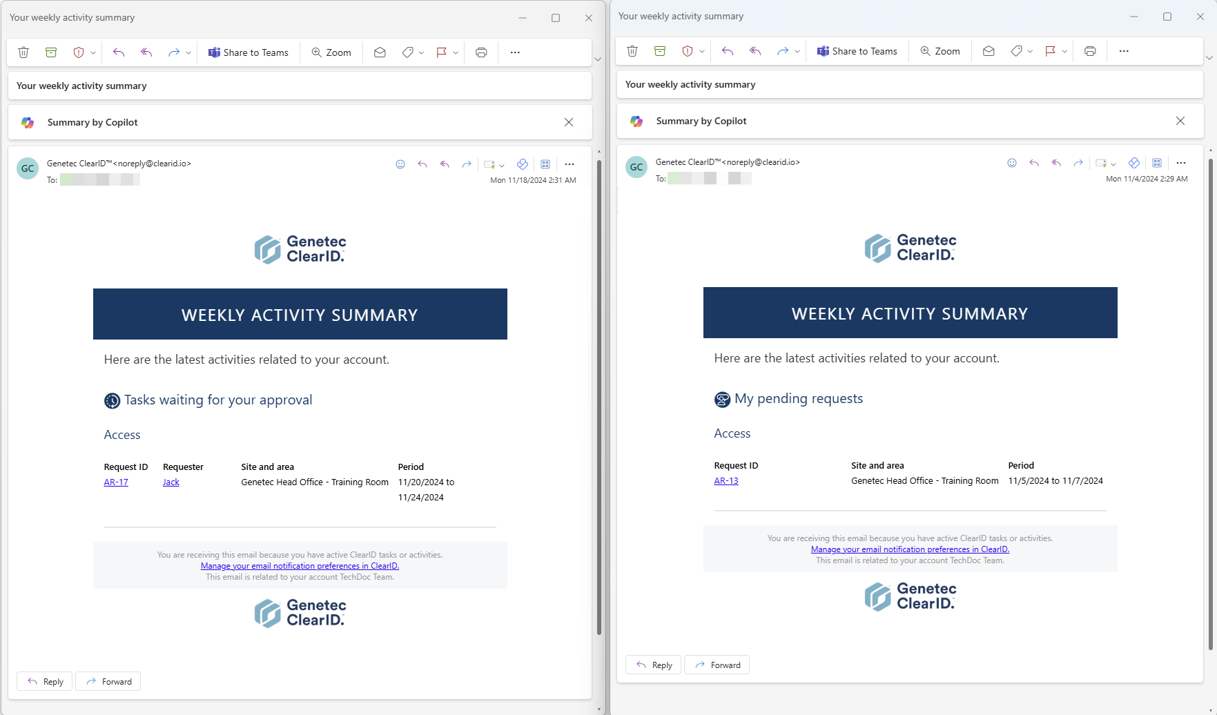 Weekly activity summary emails received by managers (left) and requesters (right).