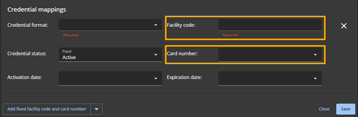 The Credential mapping dialog in the ClearID portal with the fixed facility code and card number credential mapping type selected.