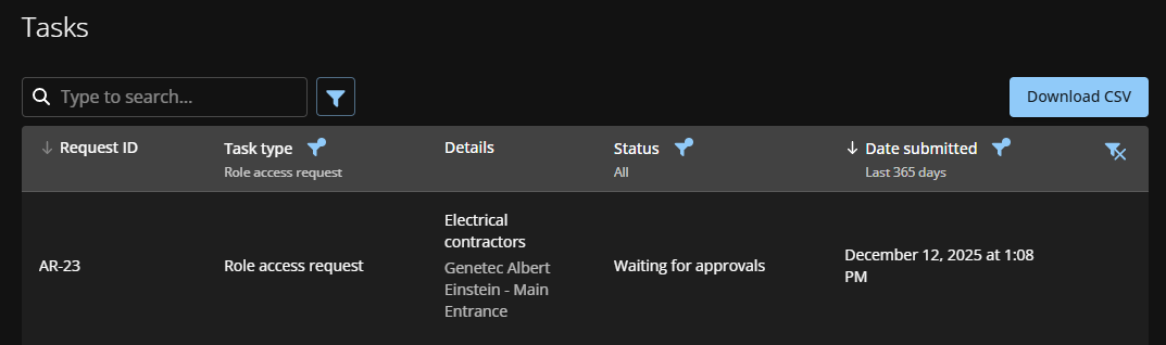 A pending role access request on the Tasks page of the ClearID portal.