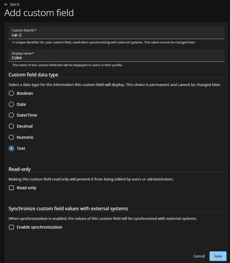 The Add custom field page of the ClearID web portal.