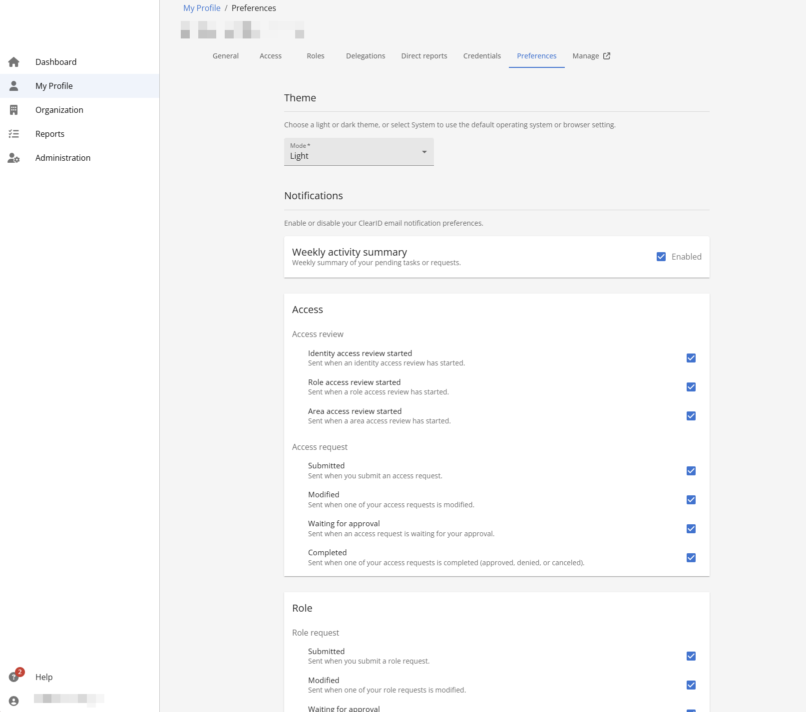 The ClearID portal with the light theme selected.