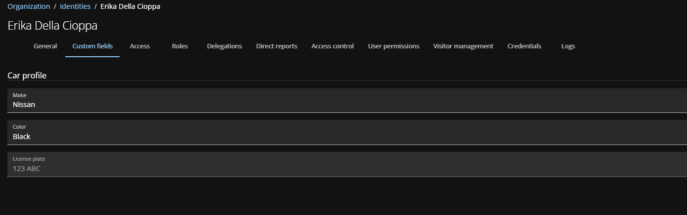 Custom fields section showing car profile details for an identity in ClearID.