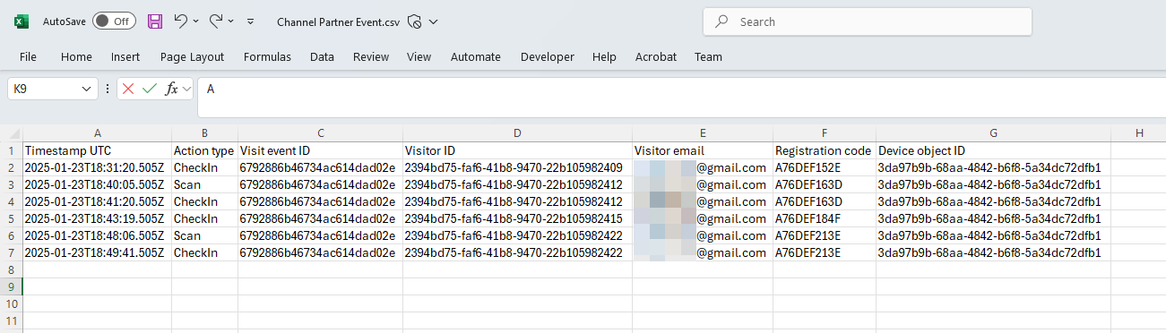 The kiosk actions log CSV file for an event in ClearID.