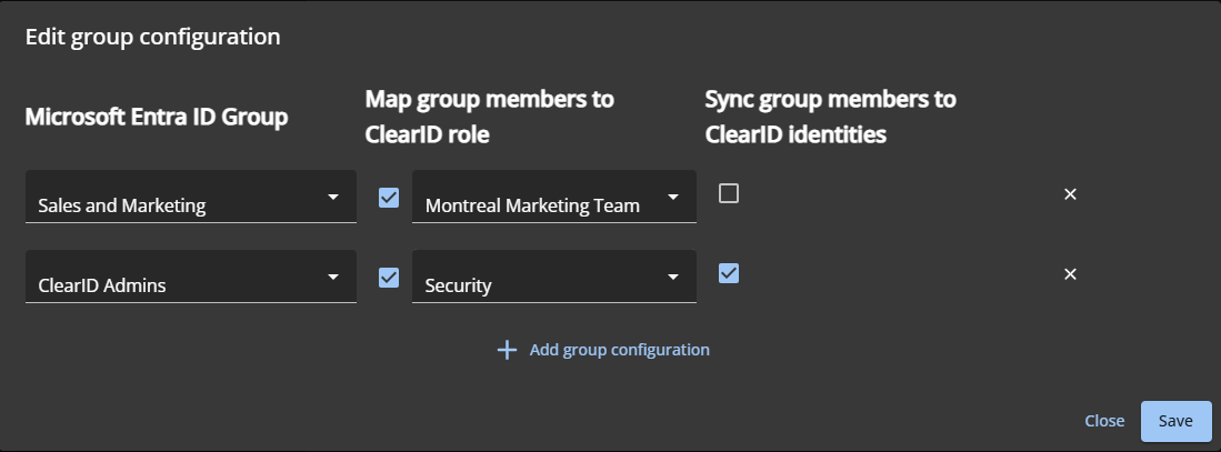The Edit group configuration dialog in the ClearID portal.