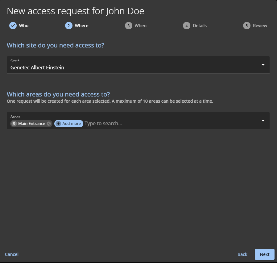 The Where section of the New access request dialog.