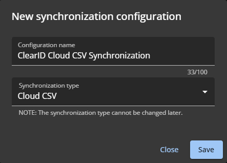 The New identity synchronization dialog in the ClearID portal.