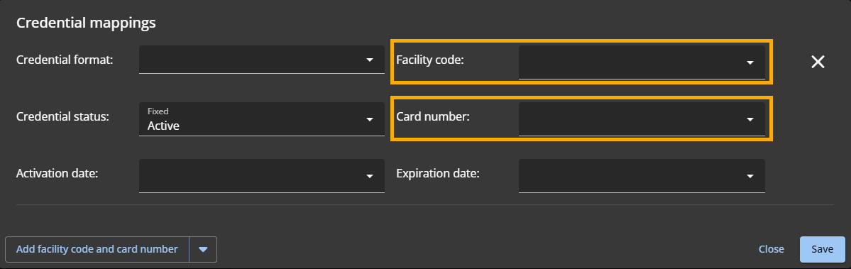 The Credential mapping dialog in the ClearID portal with the facility code and card number credential mapping type selected.
