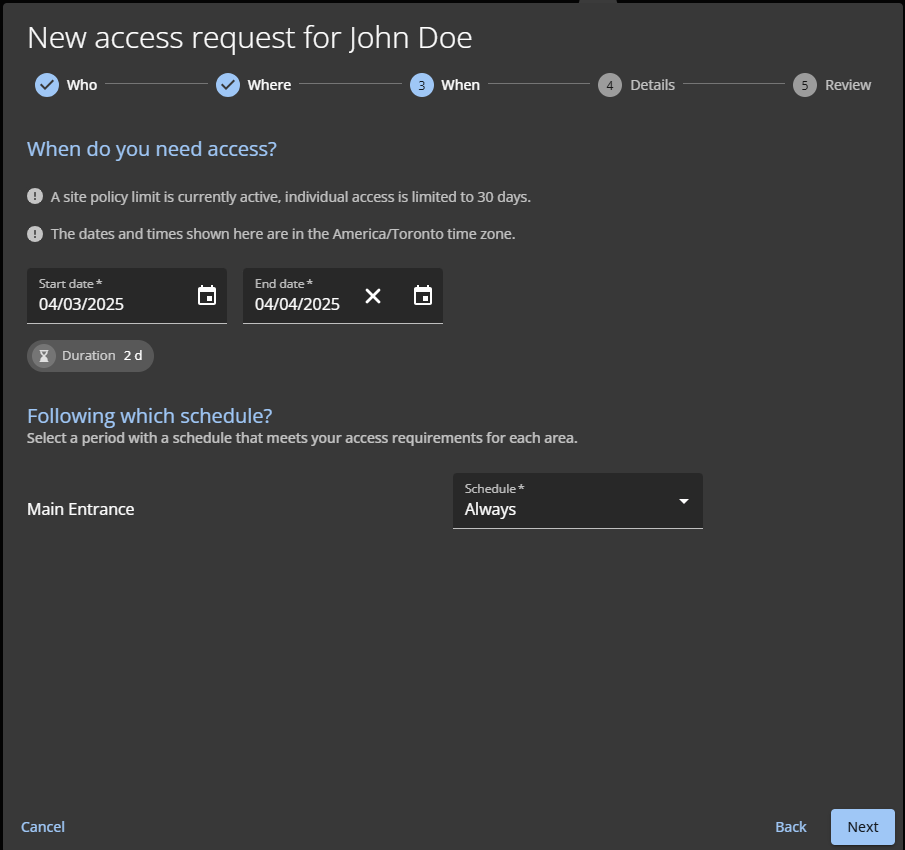 The When section of the New access request dialog.