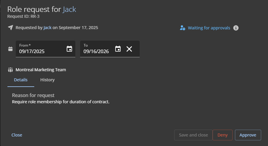 A role membership request pending review in the ClearID web portal.