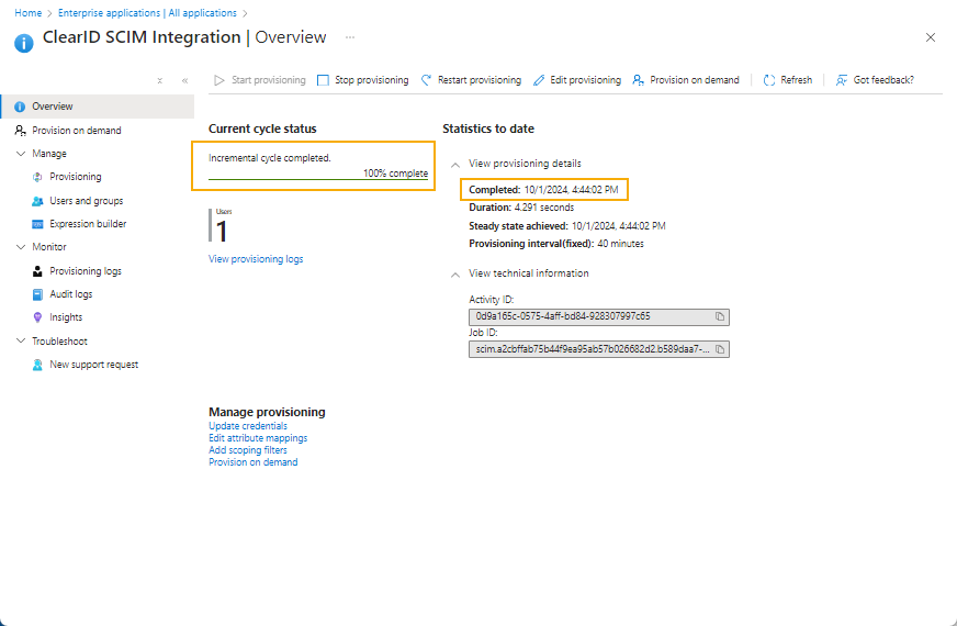 Overview page in the Enterprise applications section of the Microsoft Azure portal showing the SCIM synchronization status and when the last synchronization completed.