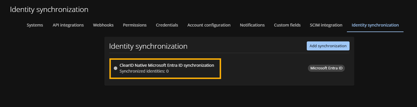 The Identity synchronization page in the ClearID portal with a new Entra ID synchronization configuration.