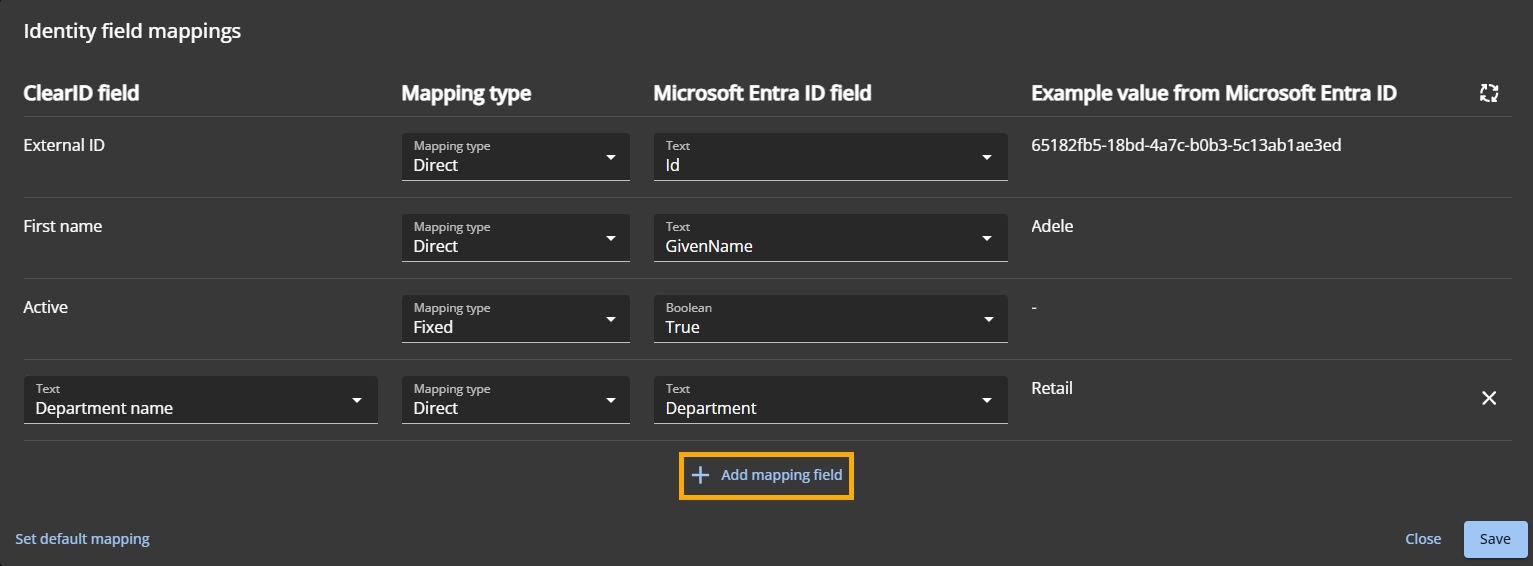 The Identity field mappings dialog in the ClearID portal with a mapping field added and the Add mapping field button highlighted.