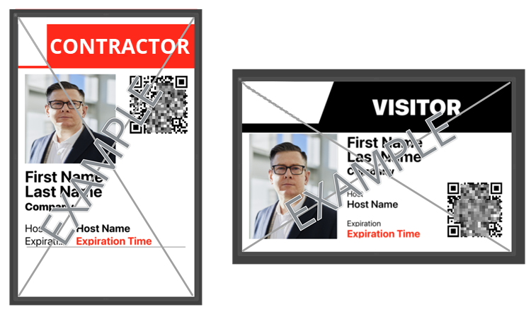 Distintivos de ClearID de muestra con etiquetas personalizadas de contratistas y visitantes.