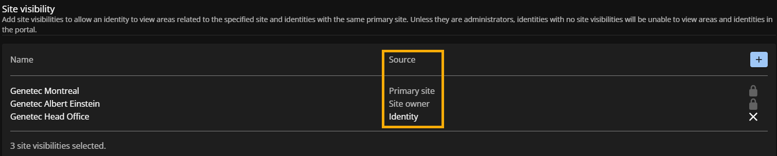 La sección de Visibilidad del sitio de la página de Información de identidad general en el portal web de ClearID con la columna de Fuente resaltada.