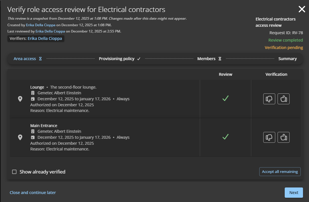 Sección de acceso al área de una verificación de acceso a la función en ClearID.