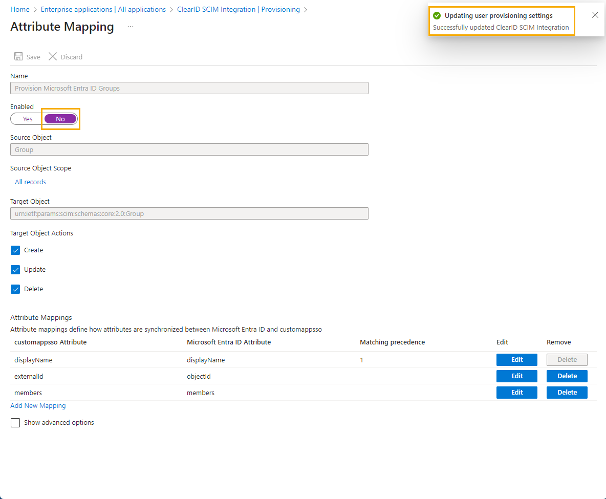 Página de asignación de atributos en Microsoft Azure que muestra el objeto de origen del Grupo deshabilitado.