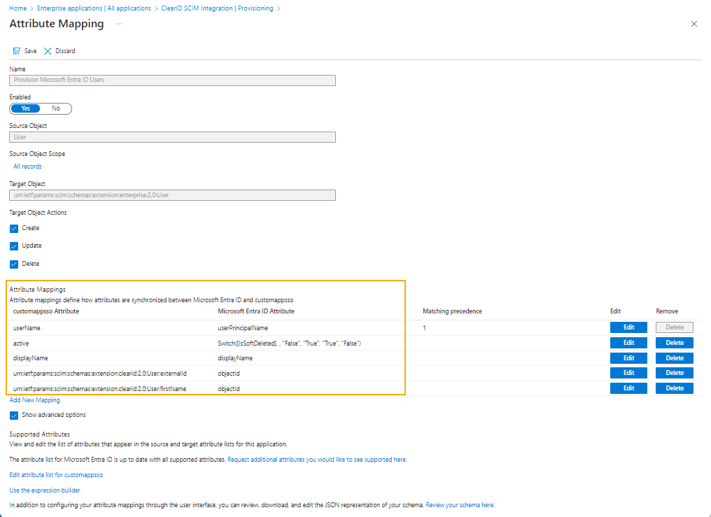 Página de Asignaciones de Atributos en Microsoft Azure que muestra la asignación mínima requerida para la Sincronización de SCIM.