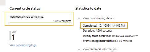 Página de descripción general en la sección de Aplicaciones empresariales del portal de Microsoft Azure que muestra el estado de sincronización de SCIM y cuándo se completó la última sincronización.