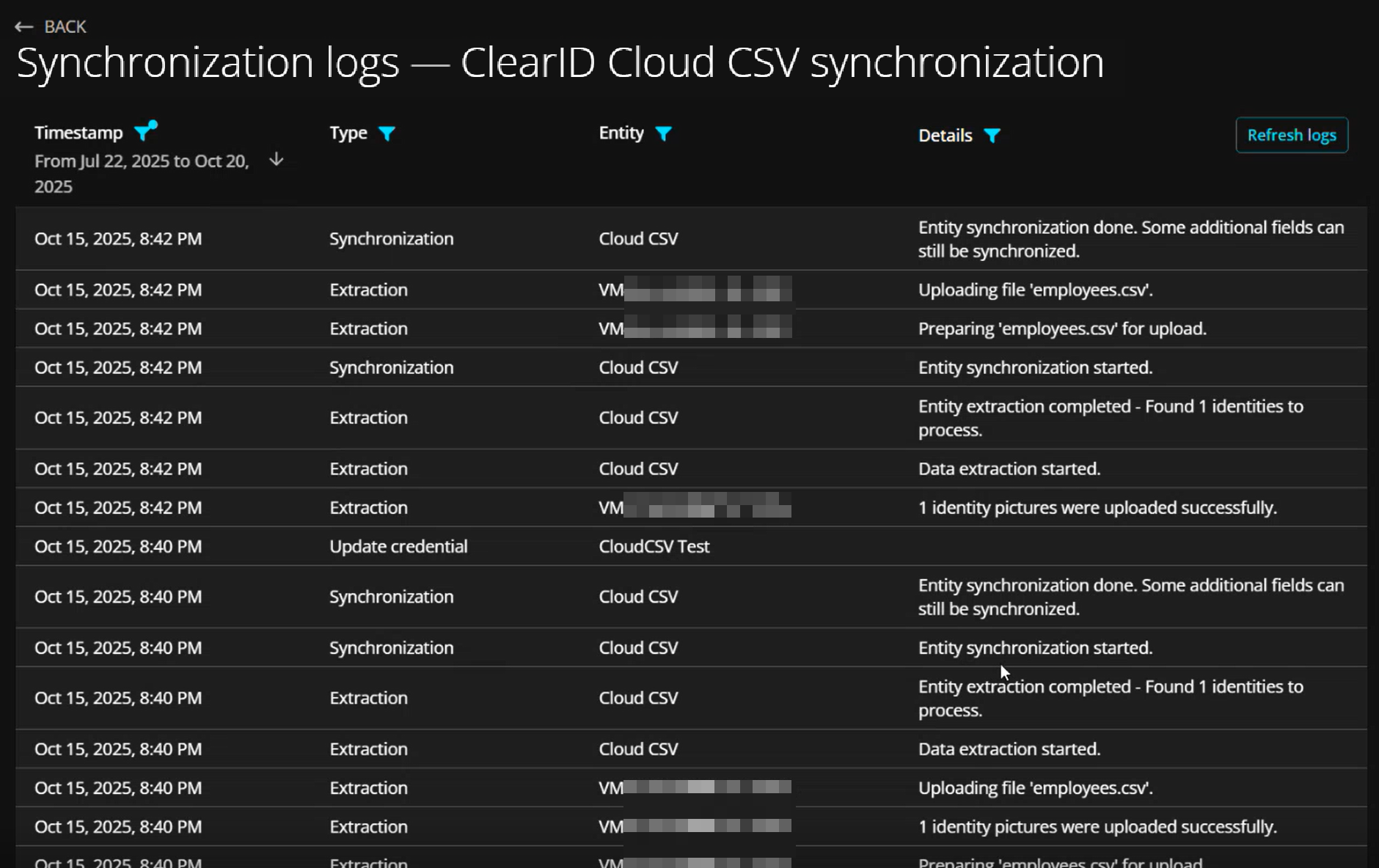Registros de sincronización CSV en la nube en el portal web de ClearID.